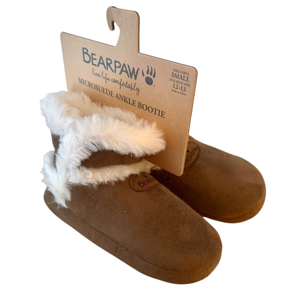 BearPaw Girl's Microsuede Ankle Bootie Faux Fur Lined Size Small (12-13) Brown
